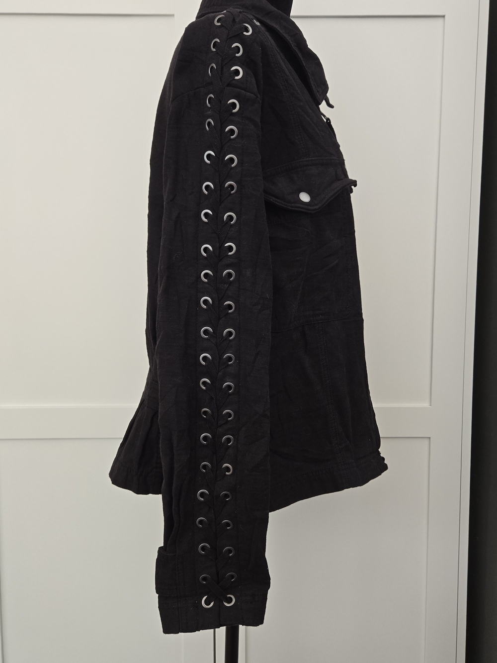Free People Faye Military Jacket Lace Up Sleeve Black Cargo Utility Punk Goth M